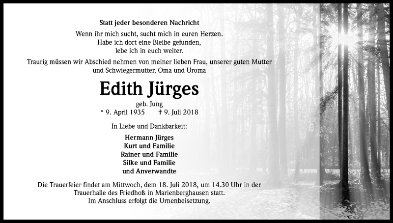  Traueranzeige für Edith Jürges vom 14.07.2018 aus OB