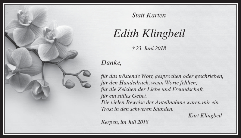  Traueranzeige für Edith Klingbeil vom 11.07.2018 aus  Werbepost 
