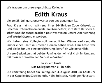 Anzeige von Edith Kraus von Kölner Stadt-Anzeiger / Kölnische Rundschau / Express