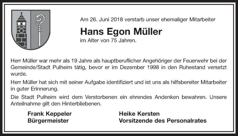  Traueranzeige für Egon Müller vom 14.07.2018 aus  Sonntags-Post 