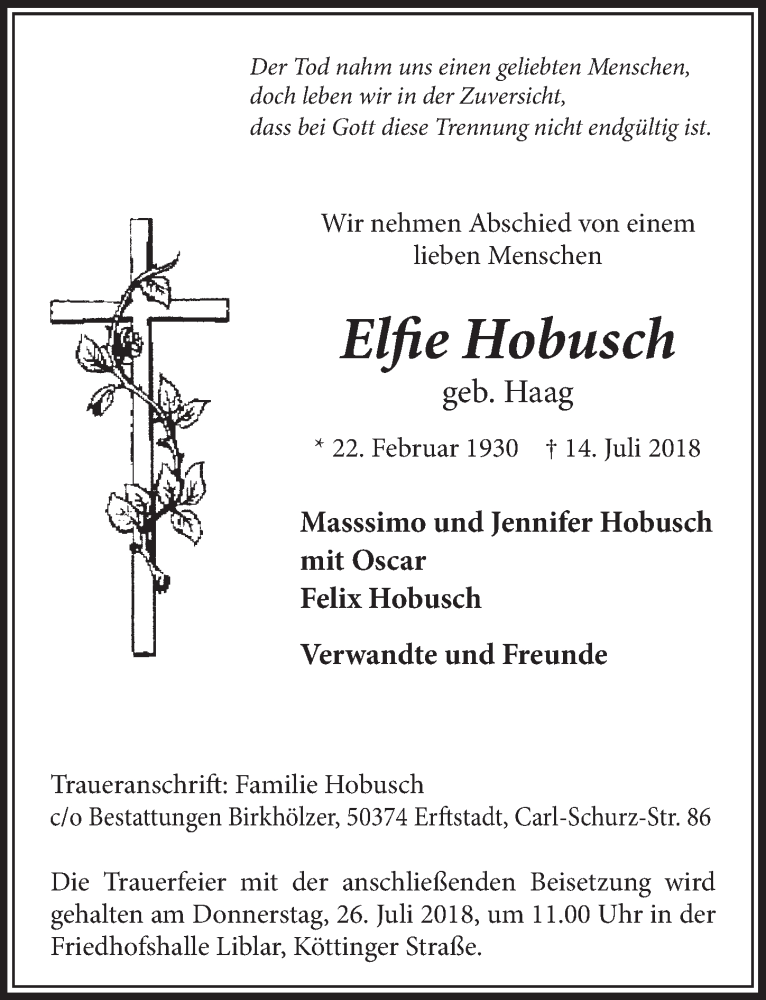  Traueranzeige für Elfie Hobusch vom 21.07.2018 aus  Sonntags-Post 