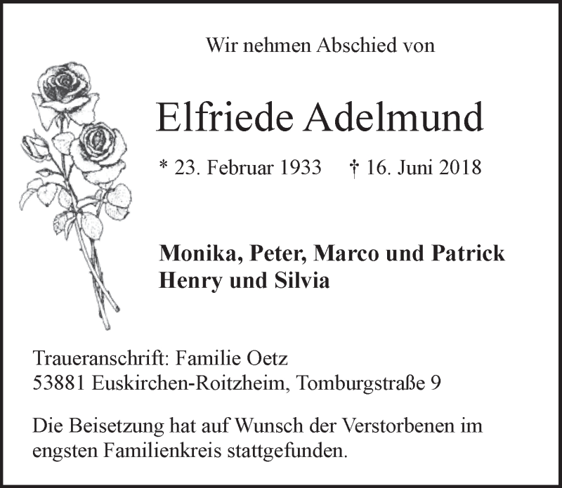  Traueranzeige für Elfriede Adelmund vom 07.07.2018 aus  Blickpunkt Euskirchen 