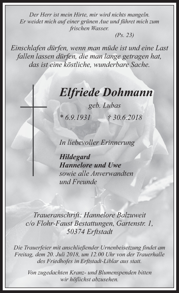  Traueranzeige für Elfriede Dohmann vom 11.07.2018 aus  Werbepost 