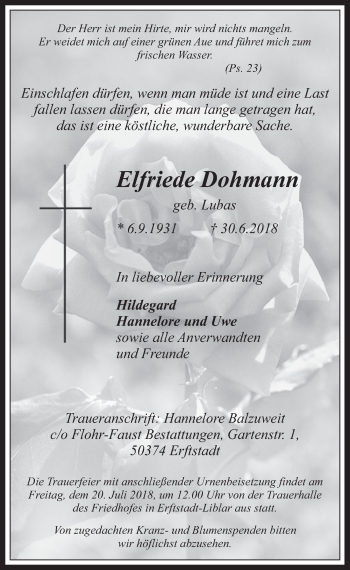 Anzeige von Elfriede Dohmann von  Werbepost 