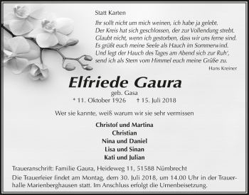 Anzeige von Elfriede Gaura von  Lokalanzeiger 