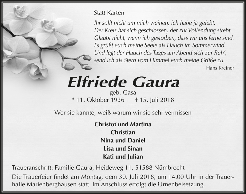  Traueranzeige für Elfriede Gaura vom 25.07.2018 aus  Lokalanzeiger 