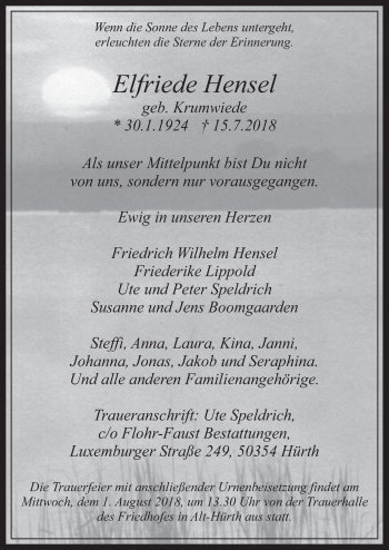 Anzeige von Elfriede Hensel von  Wochenende 