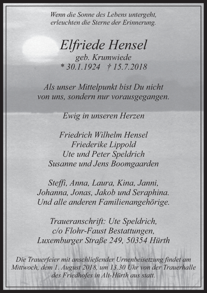  Traueranzeige für Elfriede Hensel vom 25.07.2018 aus  Wochenende 