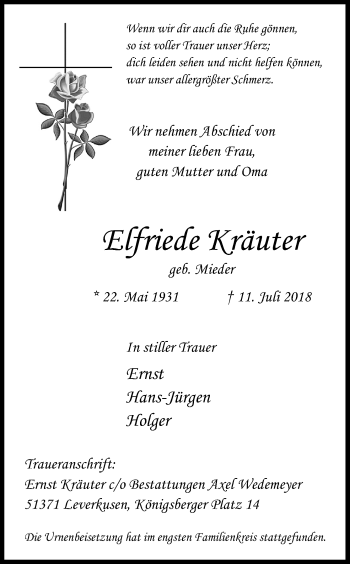 Anzeige von Elfriede Kräuter von Kölner Stadt-Anzeiger / Kölnische Rundschau / Express