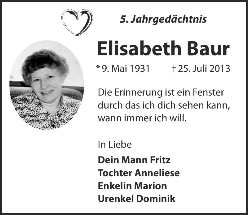  Traueranzeige für Elisabeth Baur vom 25.07.2018 aus  Kölner Wochenspiegel 