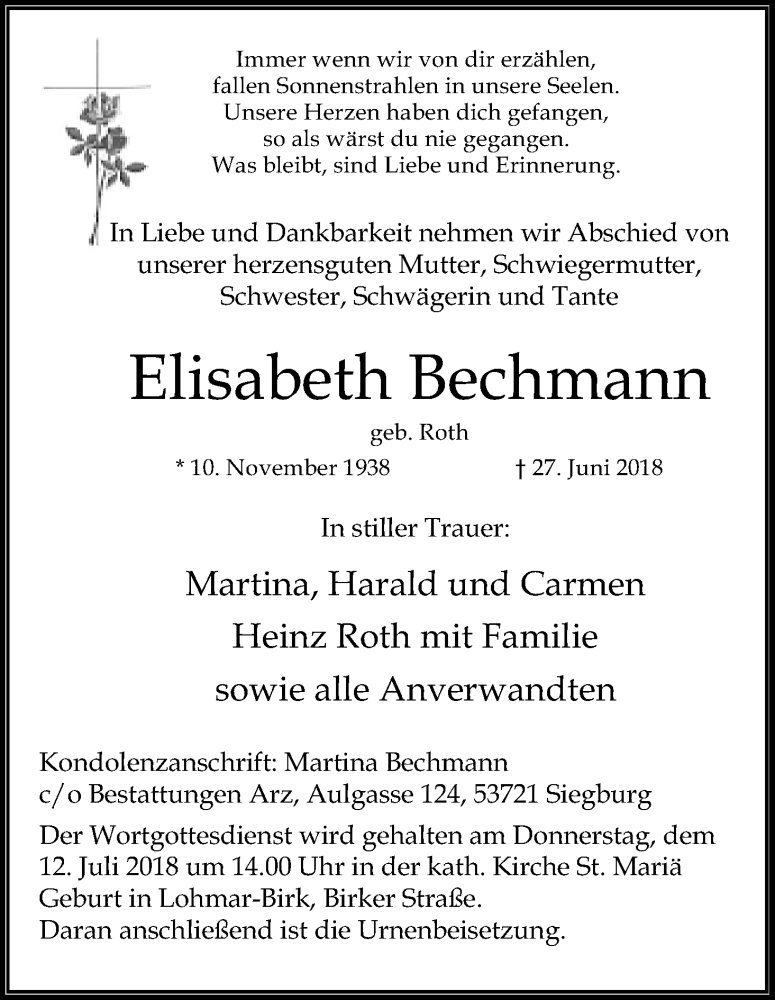  Traueranzeige für Elisabeth Bechmann vom 07.07.2018 aus HS