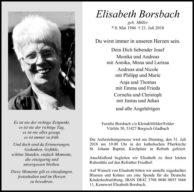 Traueranzeige für Elisabeth Borsbach vom 28.07.2018 aus RB
