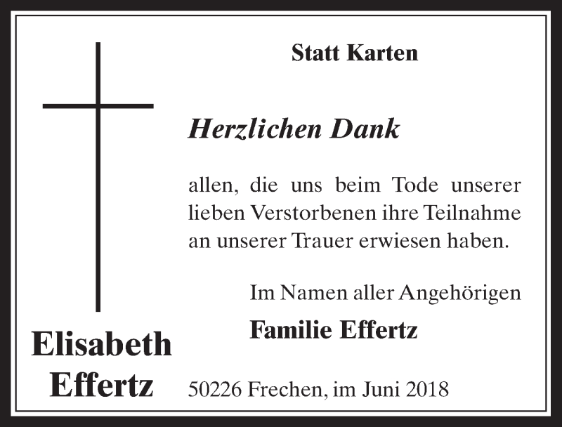  Traueranzeige für Elisabeth Effertz vom 04.07.2018 aus  Wochenende 