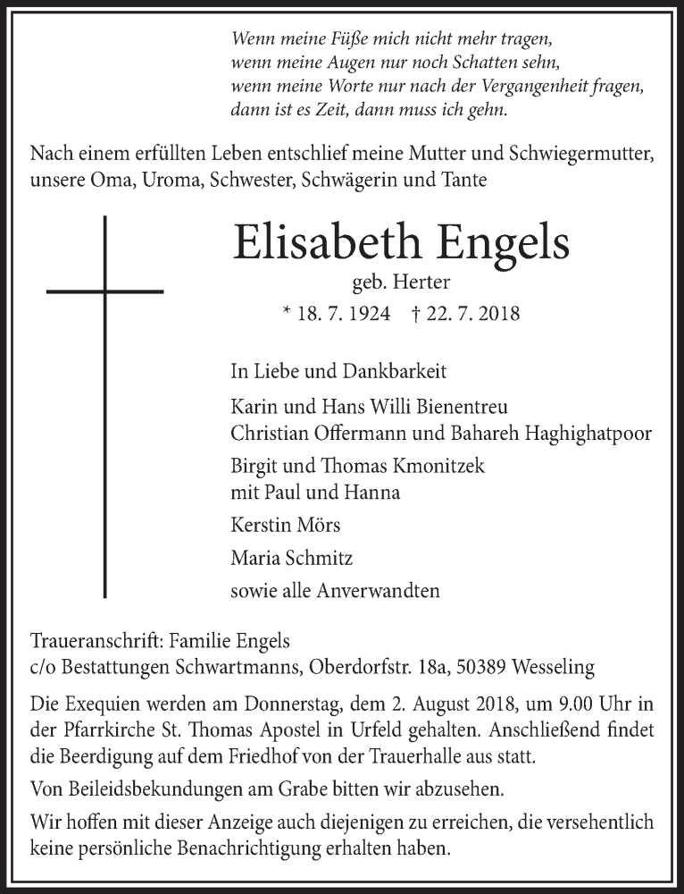  Traueranzeige für Elisabeth Engels vom 01.08.2018 aus  Schlossbote/Werbekurier 