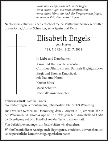 Anzeige von Elisabeth Engels von  Schlossbote/Werbekurier 