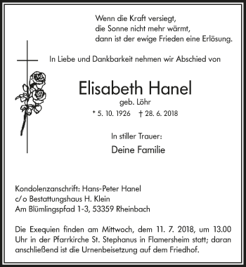 Anzeige von Elisabeth Hanel von  Blickpunkt Euskirchen 