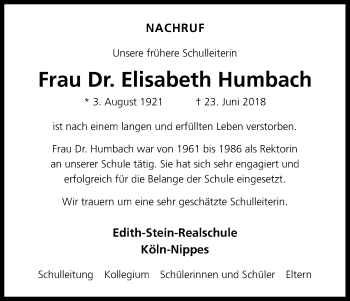 Anzeige von Elisabeth Humbach von GS
