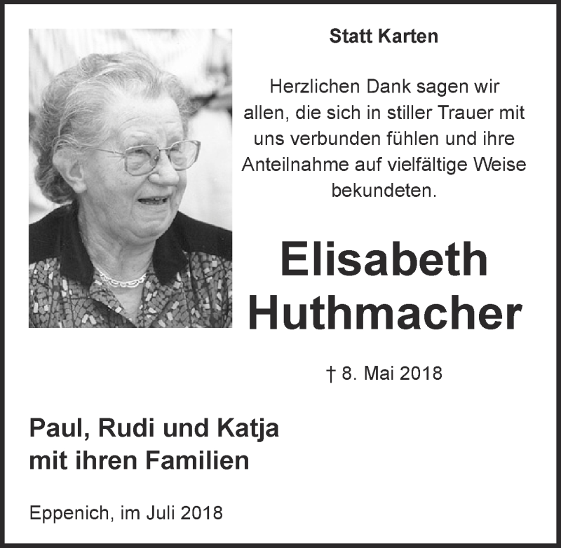  Traueranzeige für Elisabeth Huthmacher vom 14.07.2018 aus  Blickpunkt Euskirchen 