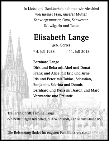 Anzeige von Elisabeth Lange von KL