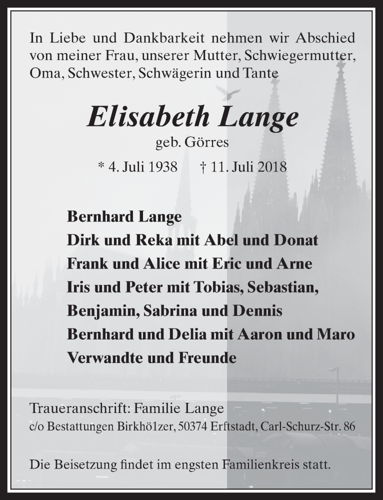  Traueranzeige für Elisabeth Lange vom 18.07.2018 aus  Werbepost 
