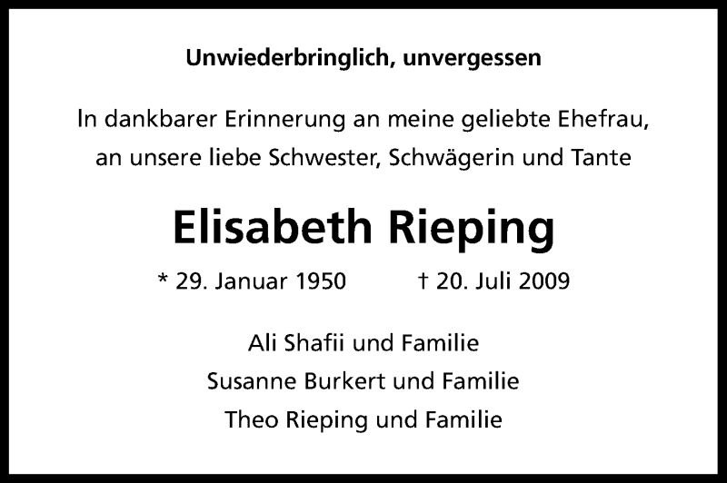  Traueranzeige für Elisabeth Rieping vom 20.07.2018 aus GS
