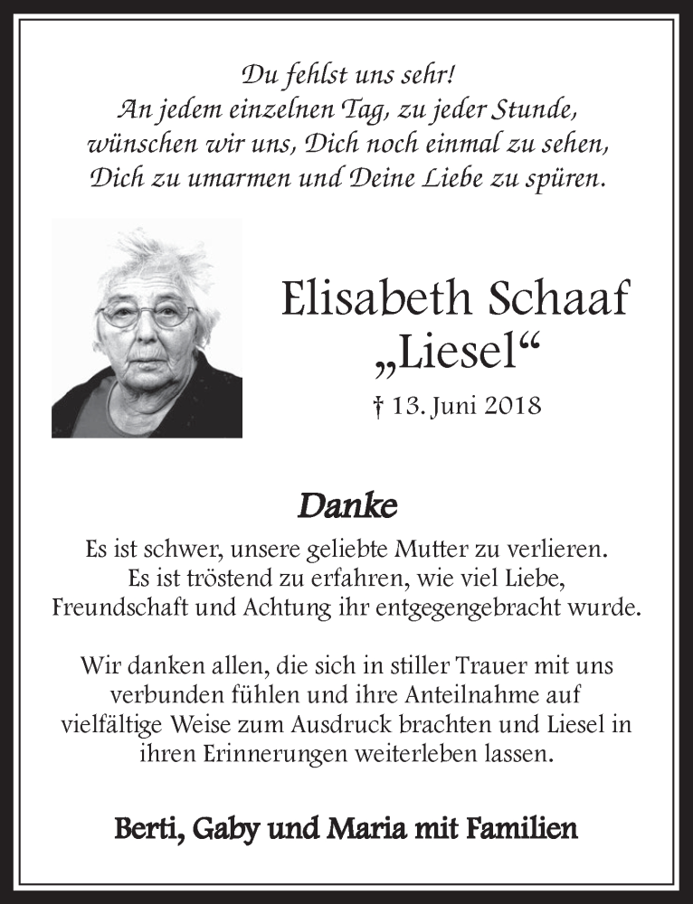  Traueranzeige für Elisabeth Schaaf vom 18.07.2018 aus  Werbepost 