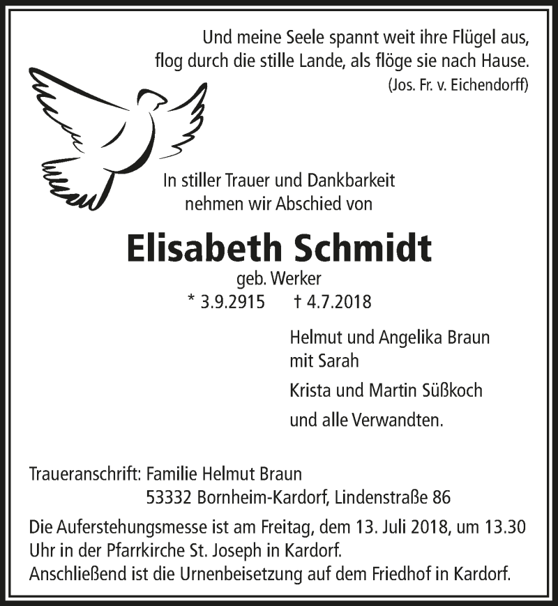  Traueranzeige für Elisabeth Schmidt vom 11.07.2018 aus  Schaufenster/Blickpunkt 