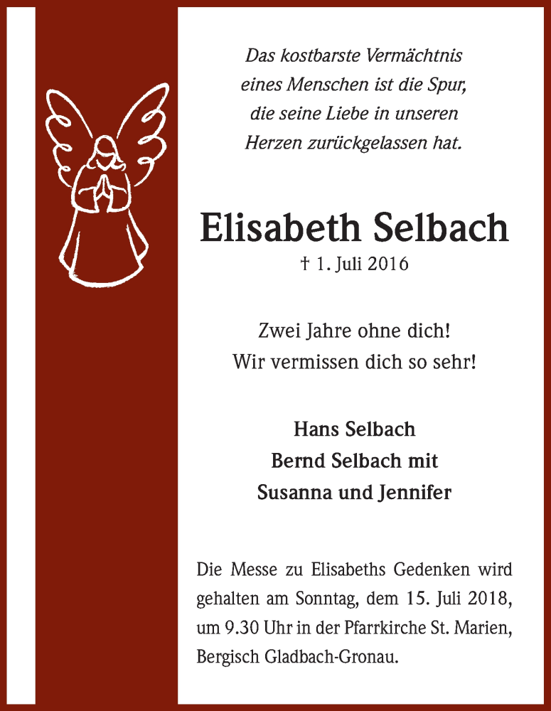  Traueranzeige für Elisabeth Selbach vom 12.07.2018 aus RB