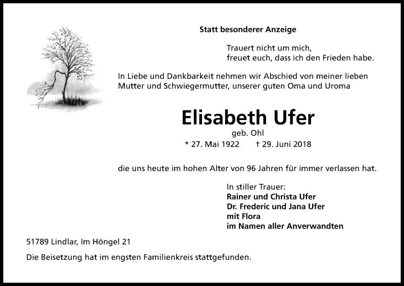  Traueranzeige für Elisabeth Ufer vom 11.07.2018 aus RB