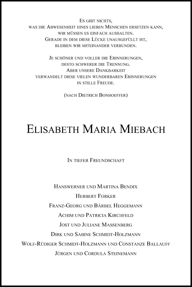  Traueranzeige für Elisabeth Maria Miebach vom 14.07.2018 aus GS
