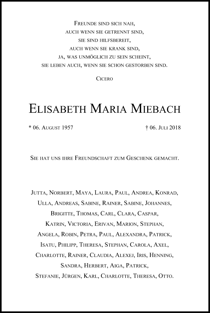  Traueranzeige für Elisabeth Maria Miebach vom 14.07.2018 aus GS