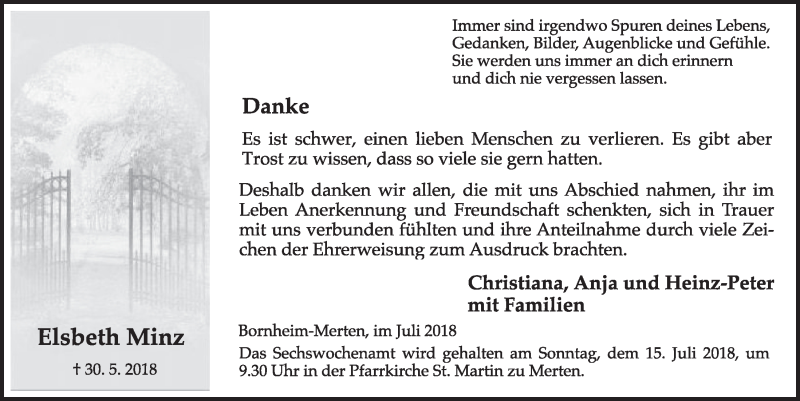  Traueranzeige für Elsbeth Minz vom 04.07.2018 aus  Schlossbote/Werbekurier 