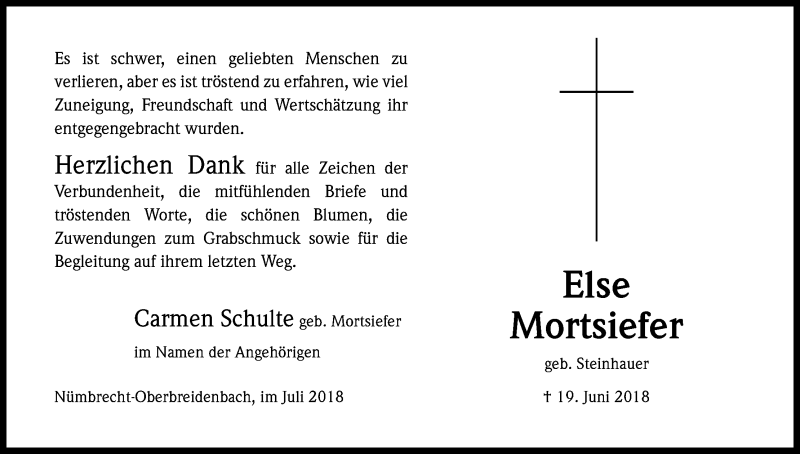  Traueranzeige für Else Mortsiefer vom 28.07.2018 aus OB