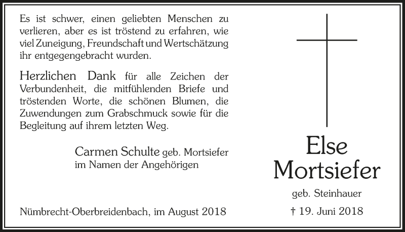  Traueranzeige für Else Mortsiefer vom 01.08.2018 aus  Lokalanzeiger 