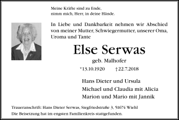 Anzeige von Else Serwas von OB