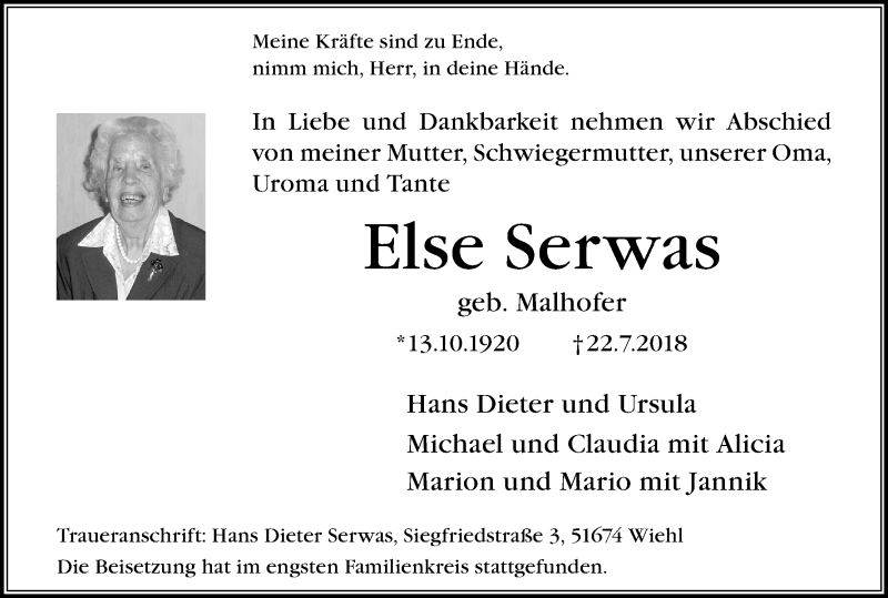  Traueranzeige für Else Serwas vom 28.07.2018 aus OB