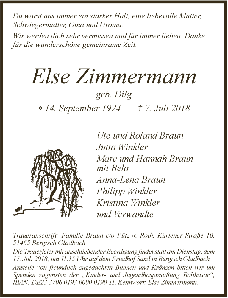  Traueranzeige für Else Zimmermann vom 11.07.2018 aus  Bergisches Handelsblatt 