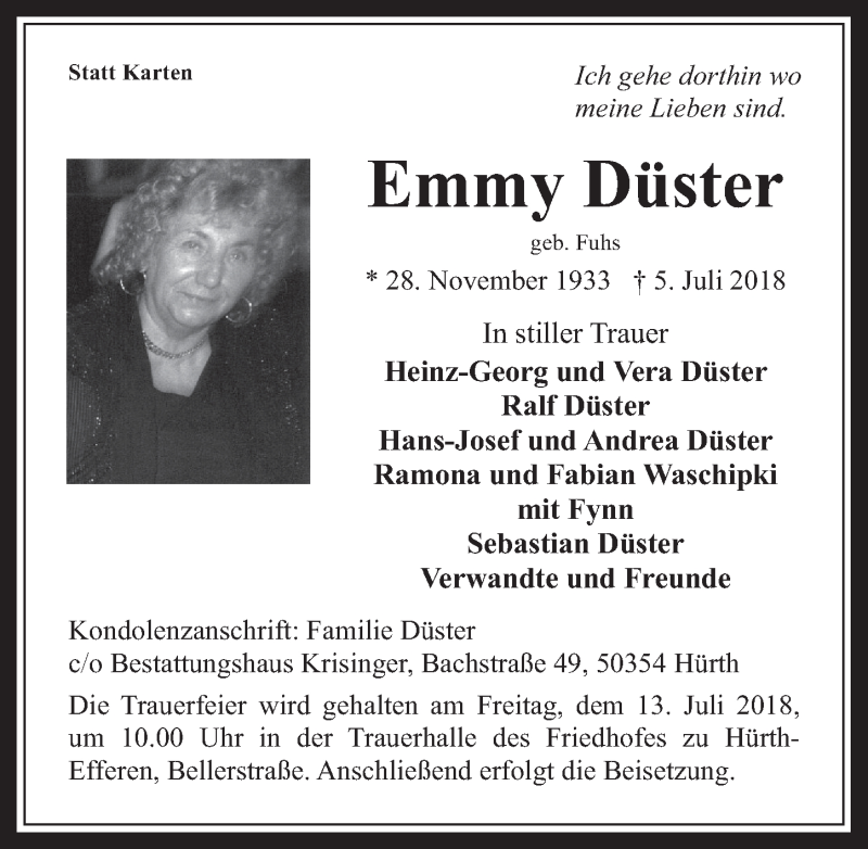  Traueranzeige für Emmy Düster vom 11.07.2018 aus  Wochenende 