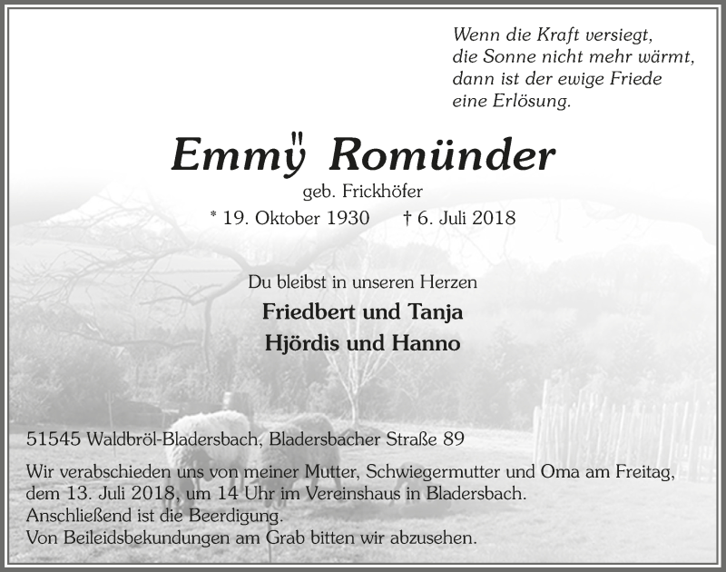  Traueranzeige für Emmy Romünder vom 11.07.2018 aus  Lokalanzeiger 
