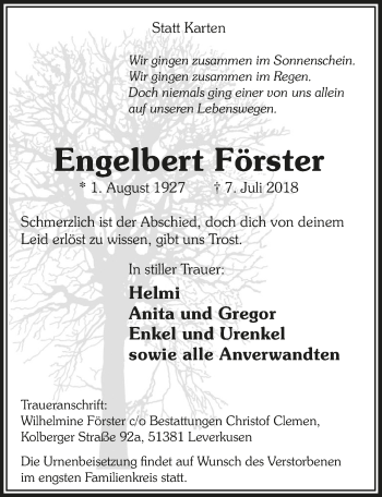 Anzeige von Engelbert Förster von  Leverkusener Wochenende 