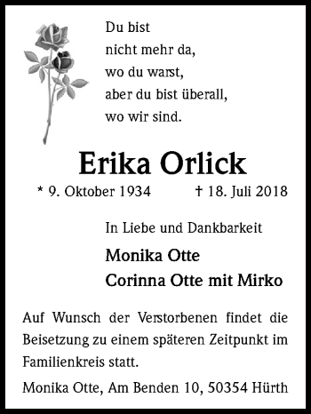 Anzeige von Erika Orlick von EXKB
