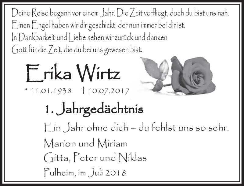  Traueranzeige für Erika Wirtz vom 07.07.2018 aus  Sonntags-Post 