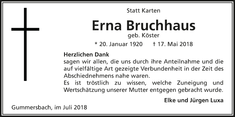  Traueranzeige für Erna Bruchhaus vom 04.07.2018 aus  Anzeigen Echo 