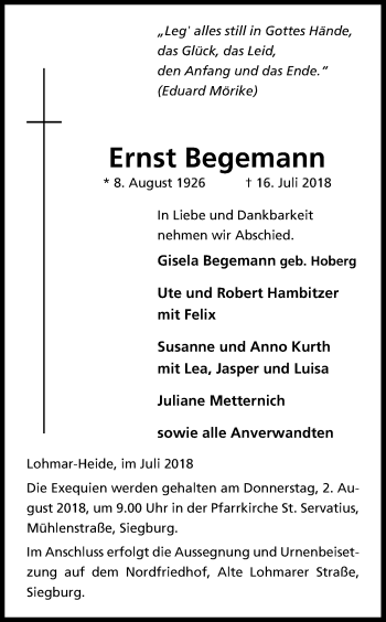 Anzeige von Ernst Begemann von HS