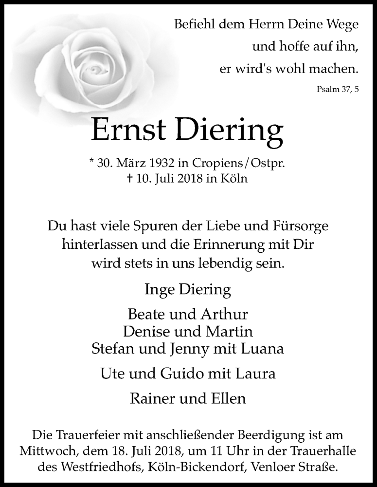  Traueranzeige für Ernst Diering vom 14.07.2018 aus GS