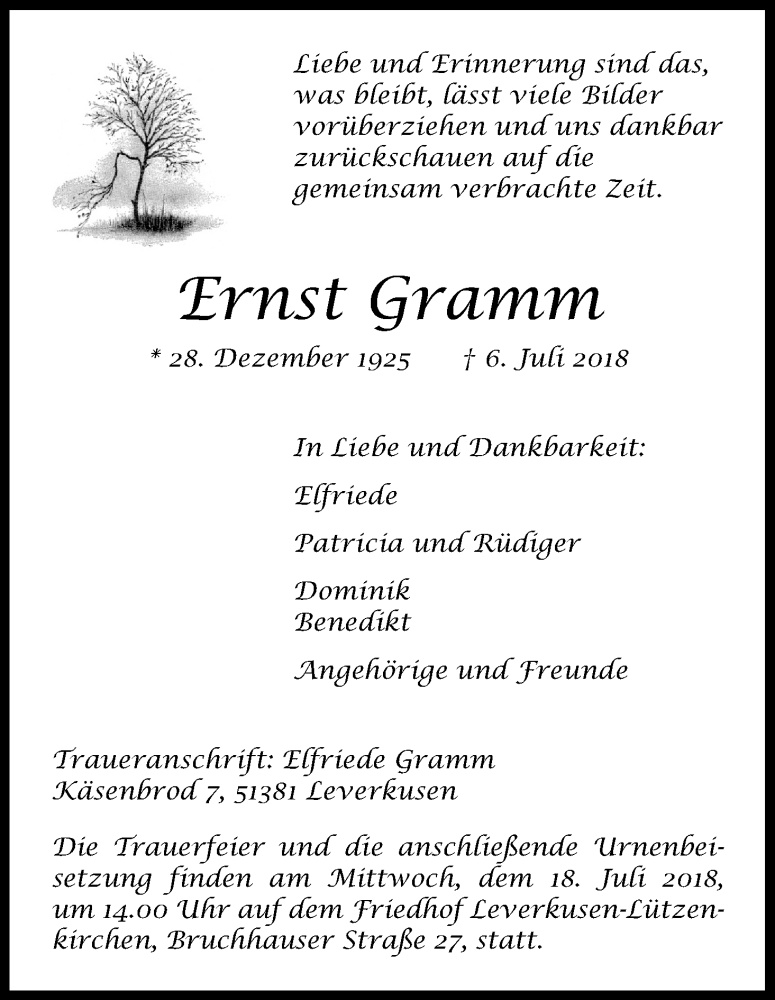  Traueranzeige für Ernst Gramm vom 14.07.2018 aus SLE