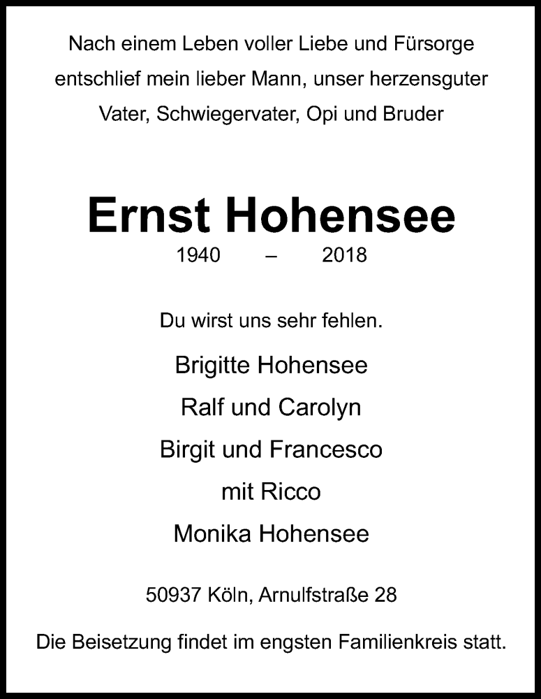  Traueranzeige für Ernst Hohensee vom 21.07.2018 aus GS