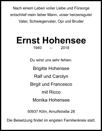 Anzeige von Ernst Hohensee von GS