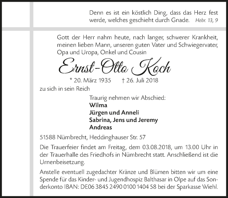  Traueranzeige für Ernst-Otto Koch vom 01.08.2018 aus  Lokalanzeiger 