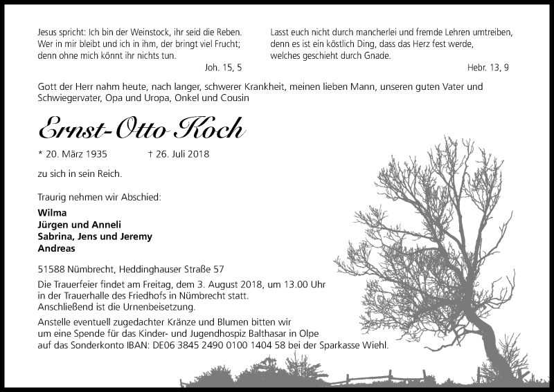  Traueranzeige für Ernst-Otto Koch vom 01.08.2018 aus Kölner Stadt-Anzeiger / Kölnische Rundschau / Express